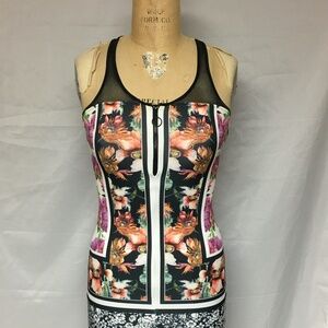 Clover Canyon Neoprene Bodycon Floral Racerback Dress with Zip Neck Multi  NWT